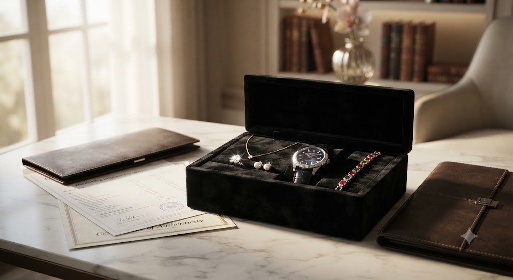 Watch displayed in an open box with documents