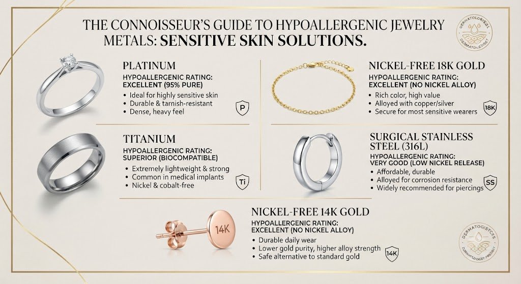 Infographic comparing hypoallergenic jewelry metals for sensitive skin