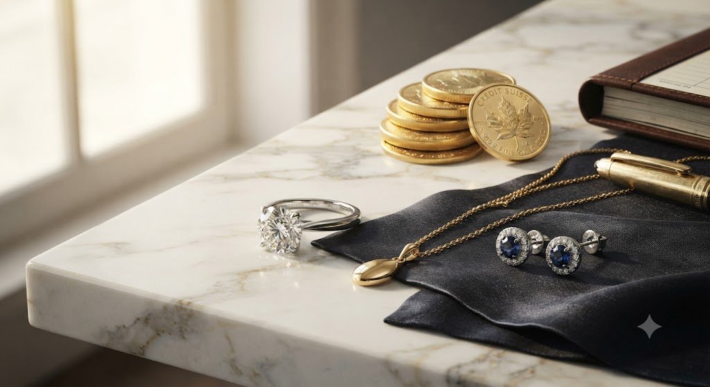 Gold jewelry and coins displayed on a marble surface