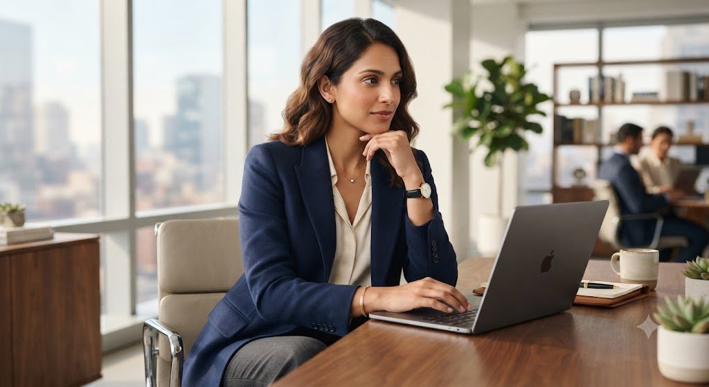 Woman wearing jewelry at an office desk