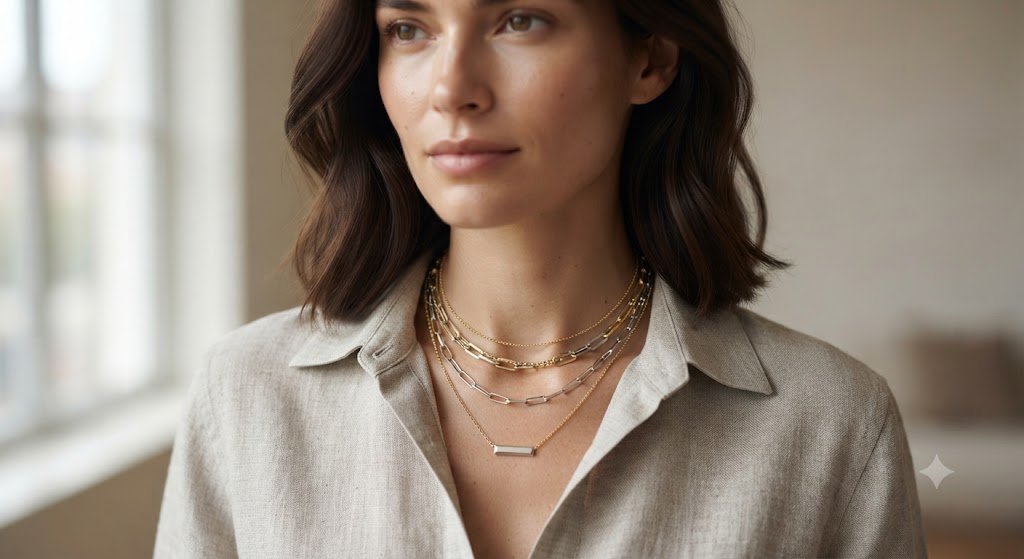 Close-up of a woman wearing a thin necklace