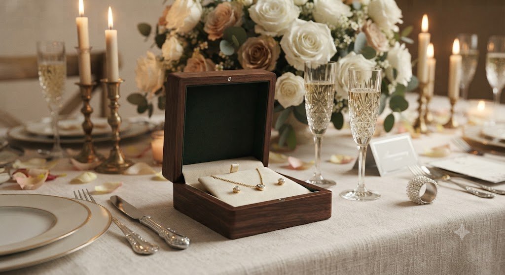 Jewelry gift box on an elegant table setting with candles and flowers