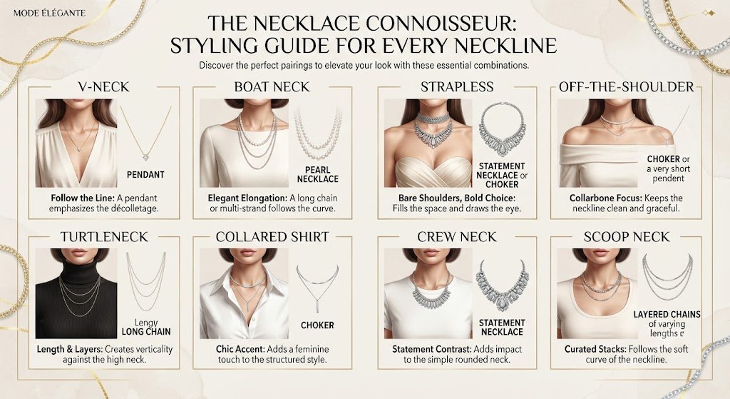 Infographic styling guide matching necklaces to necklines
