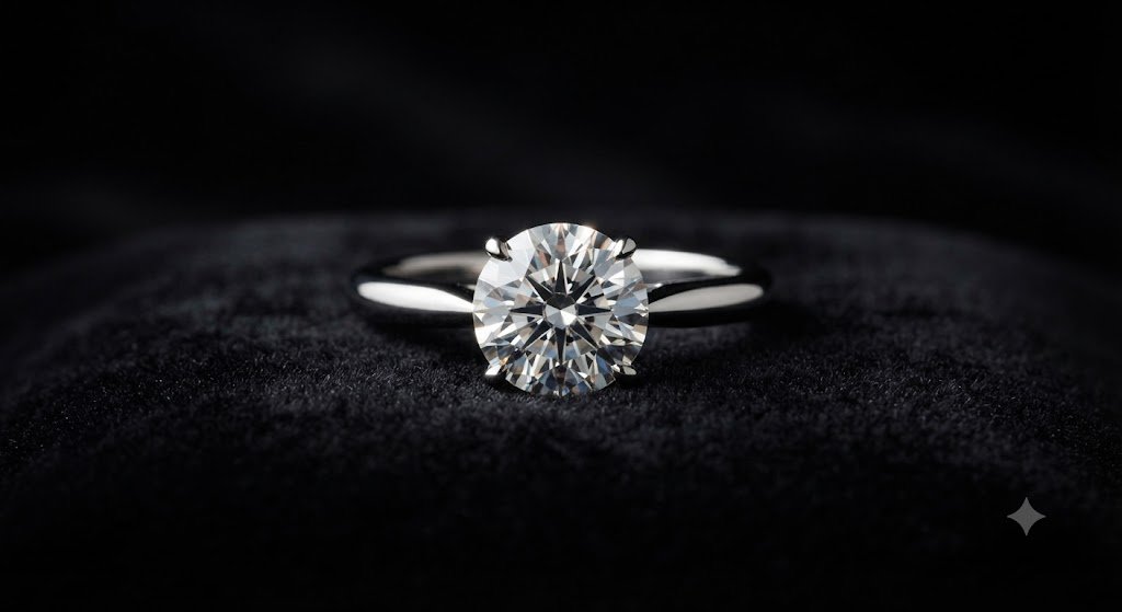 Close-up of a solitaire diamond ring on a dark background