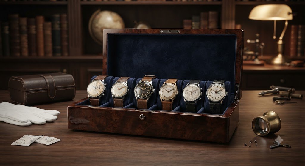 Open watch storage box with several watches