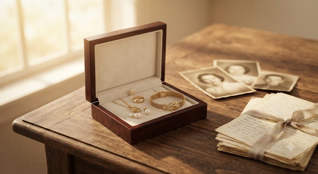 Open jewelry box with pearl jewelry on a wooden table