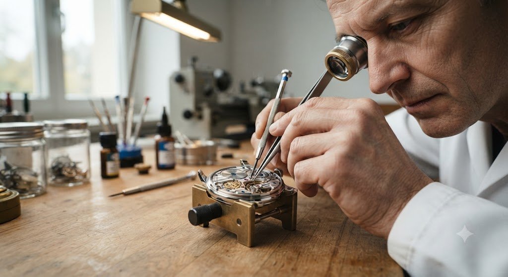 Watchmaker examining a component at a workbench
