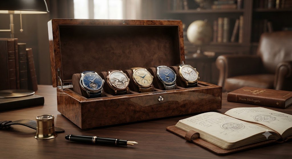 Watch storage box with several watches on a desk