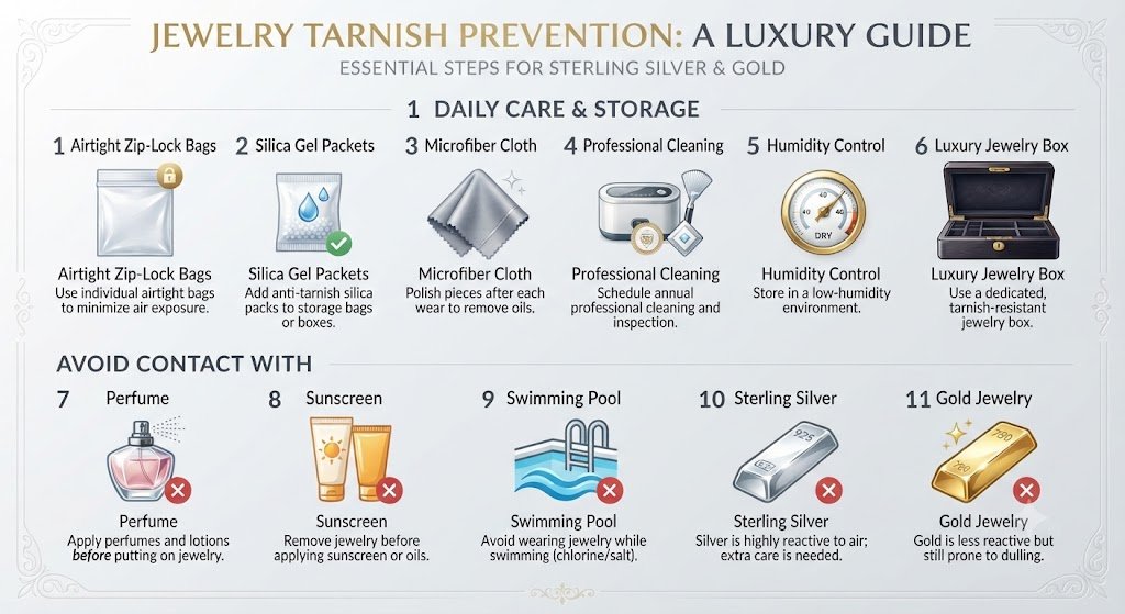 Infographic with tips for preventing jewelry tarnish