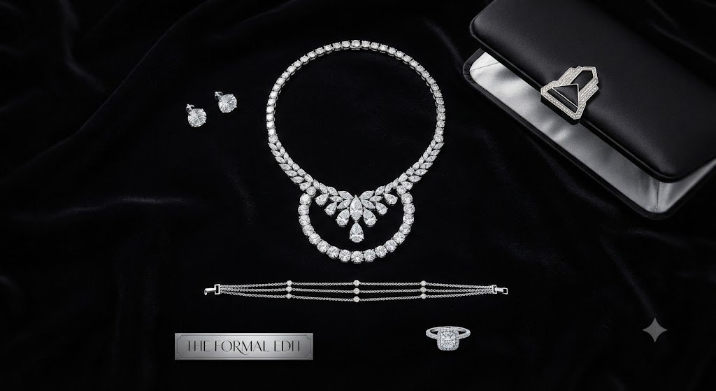 Diamond necklace and earrings displayed elegantly