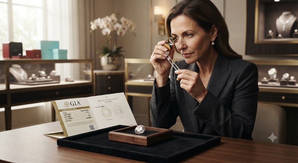 Woman examining jewelry with a loupe