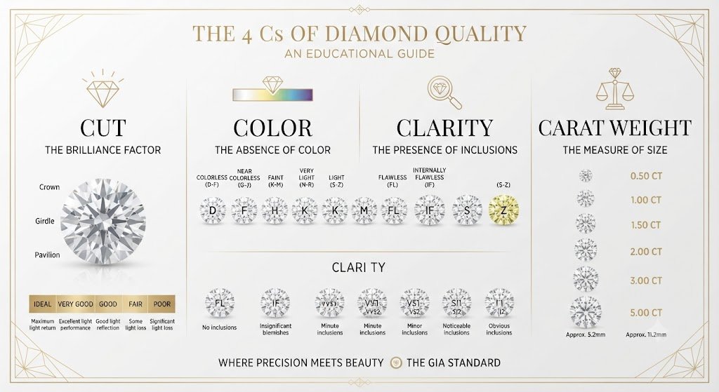 Infographic explaining the 4 Cs of diamond quality: cut, color, clarity, and carat weight