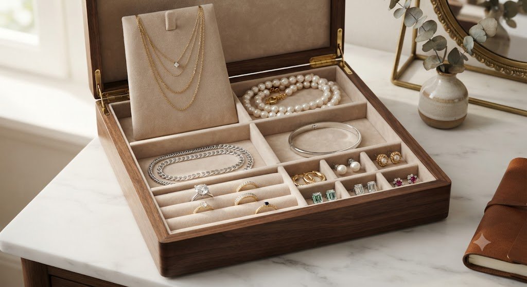 Wooden jewelry organizer box with compartments