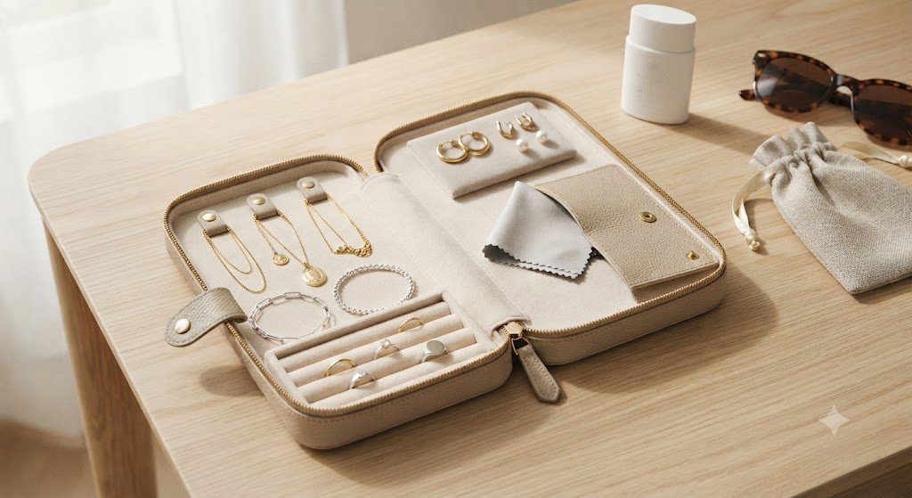 Open travel jewelry case with compartments