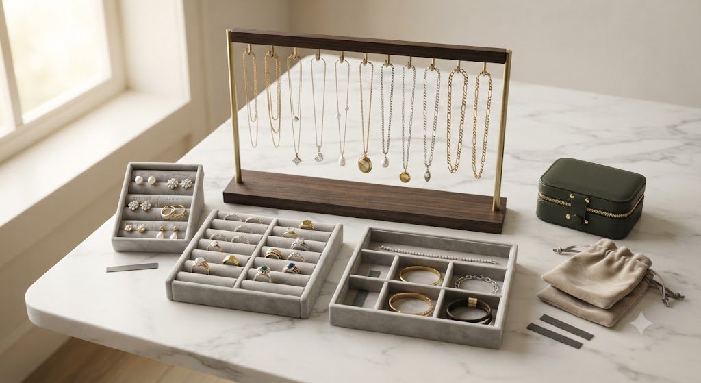 Open jewelry box with necklaces and compartments