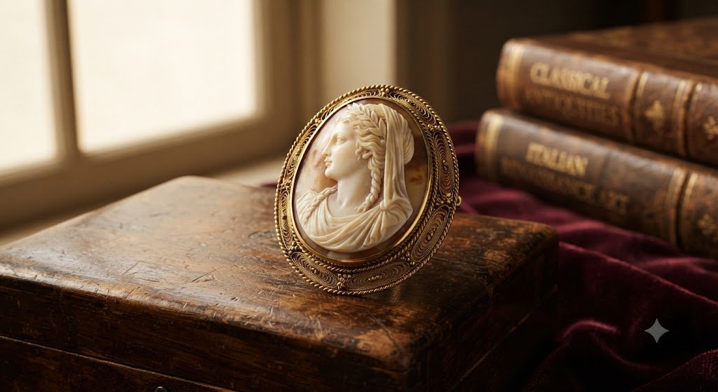 Antique cameo pendant displayed on a table with books