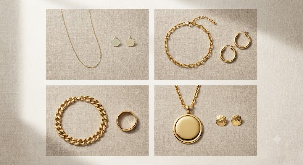 Assorted jewelry pieces laid out in a grid