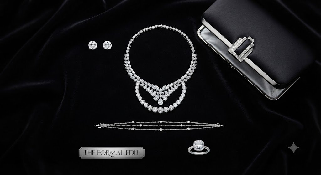 Diamond necklace displayed with earrings and a pen