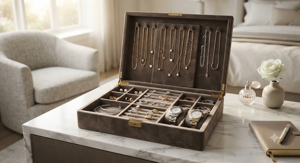 Open jewelry storage box on a console table