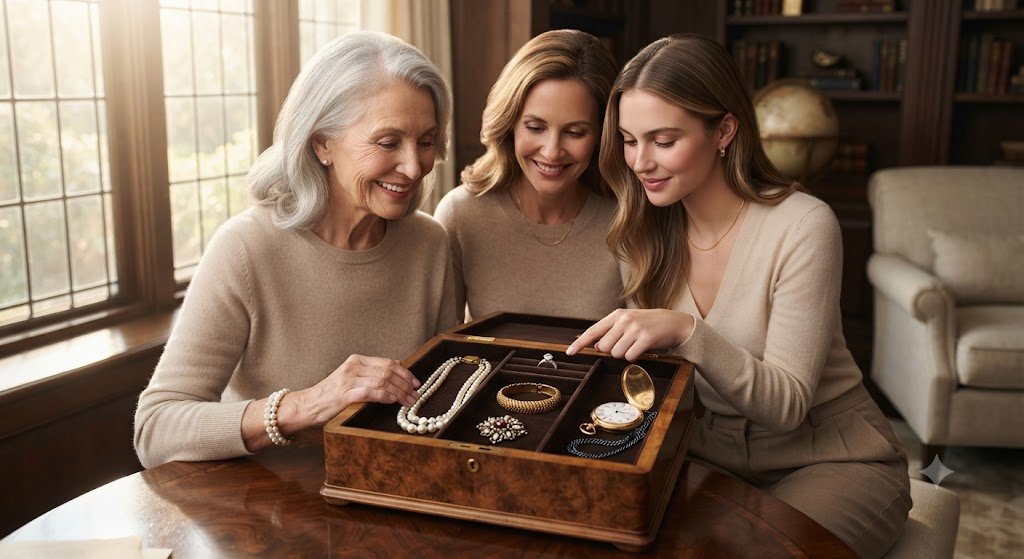Three generations of women looking at a jewelry box together