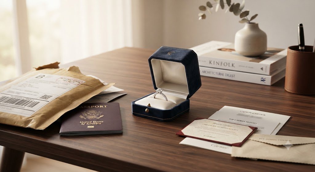 Ring box on a desk with books and a passport