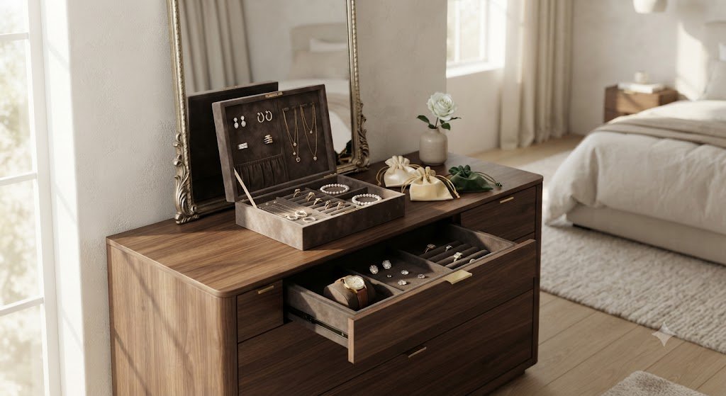 Jewelry box on a bedroom nightstand