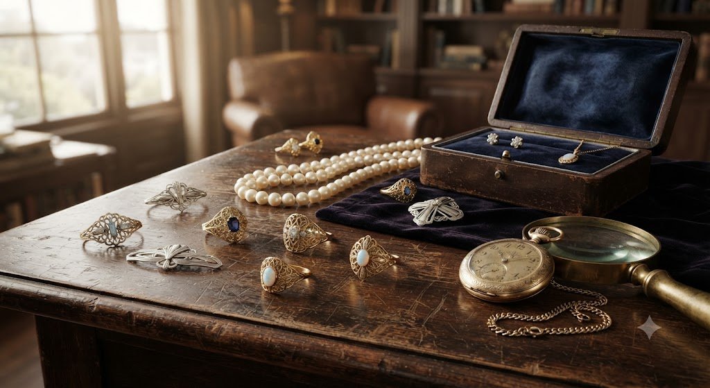 Jewelry laid out beside a laptop on a desk