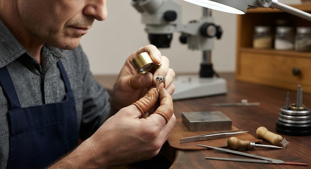 Jeweler inspecting a ring with a loupe at a workbench