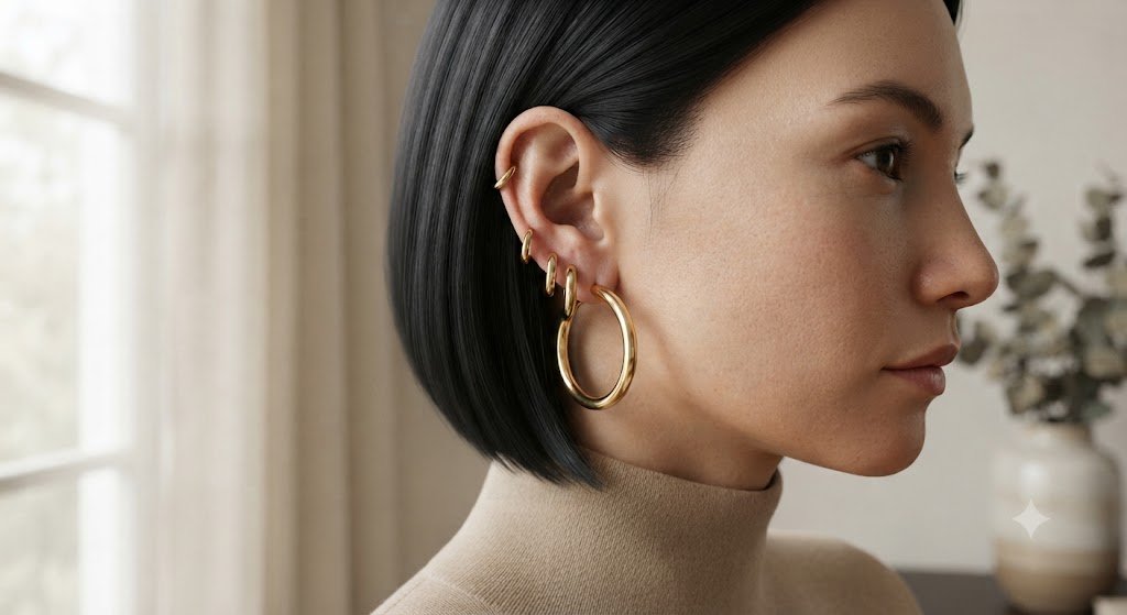 Woman wearing a gold hoop earring, profile view