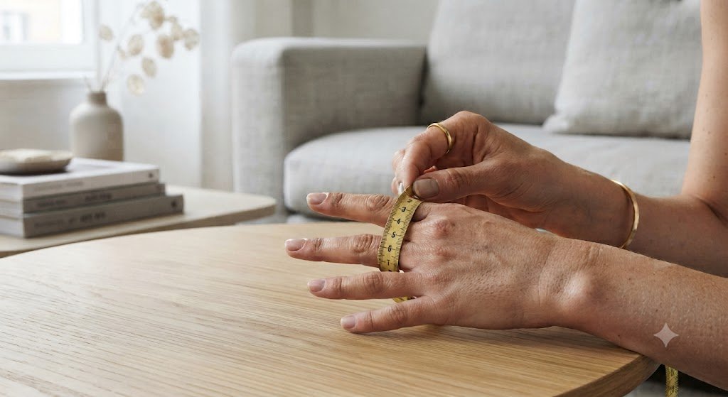 Adjusting a gold bangle on the wrist