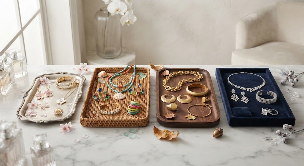 Trays of jewelry organized by color
