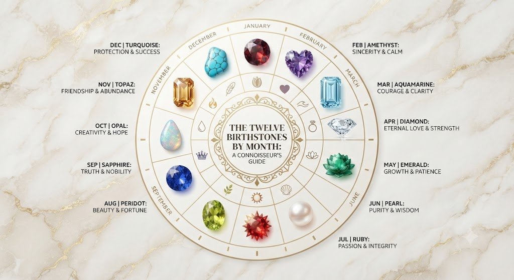 Infographic wheel showing birthstones by month