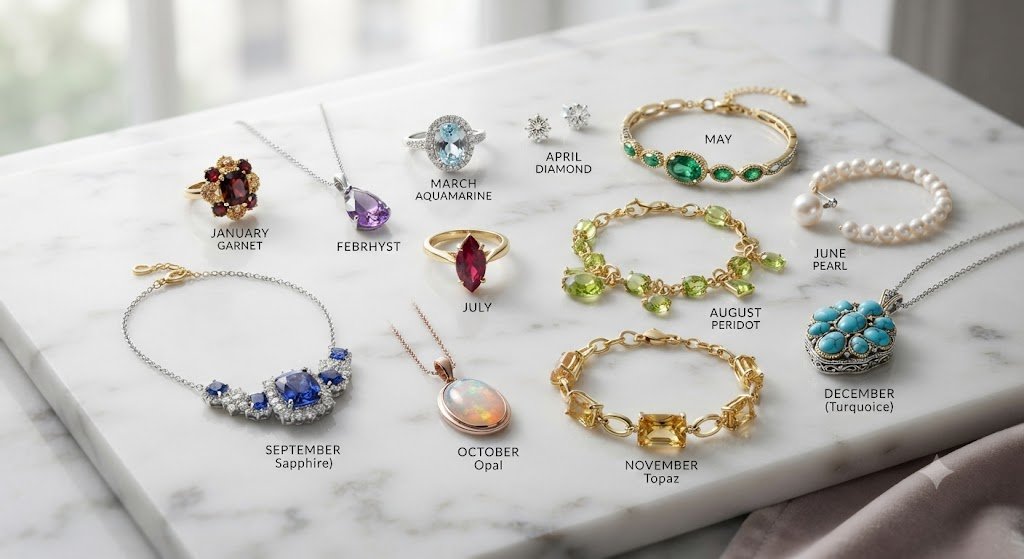 Assorted colorful gemstone jewelry arranged in a circle