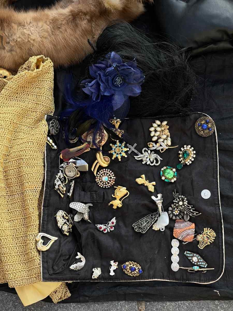 Collection of small brooches and pins arranged on dark fabric